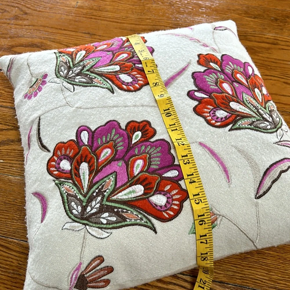 India embroidered 18” square feather pillow.  Excellent used condition.